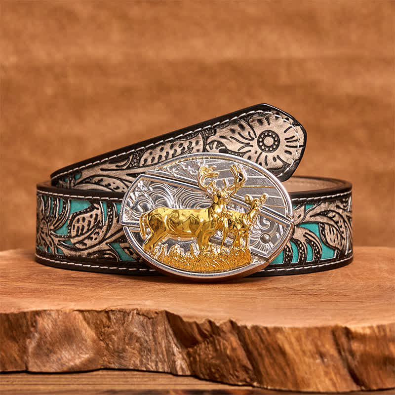 Men's DIY Gold & Silver Deers Hidden Folding Knife Leather Belt - Deer - Gray Floral Belt - 42 - image 9