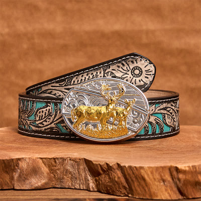 Men's DIY Gold & Silver Deers Hidden Folding Knife Leather Belt - Deer - Gray Floral Belt - 42 - image 9