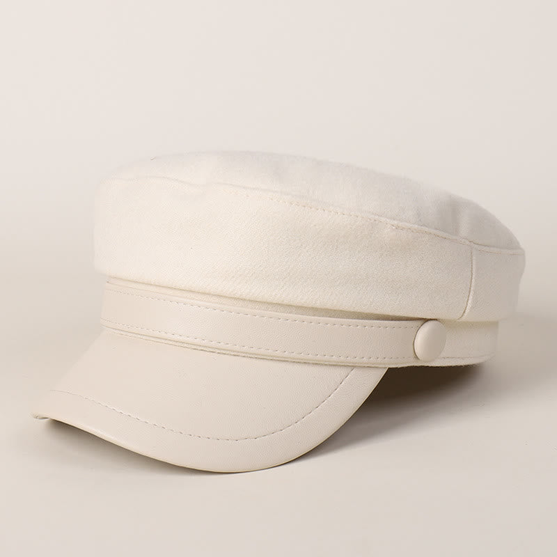 Unisex Winter Fashion PU Brim Flat Top Beret Hat - Beige - image 8