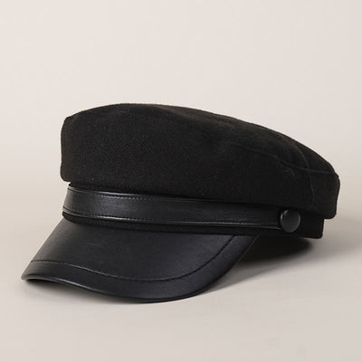 Unisex Winter Fashion PU Brim Flat Top Beret Hat - Black - image 6