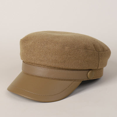 Unisex Winter Fashion PU Brim Flat Top Beret Hat - Camel - image 7