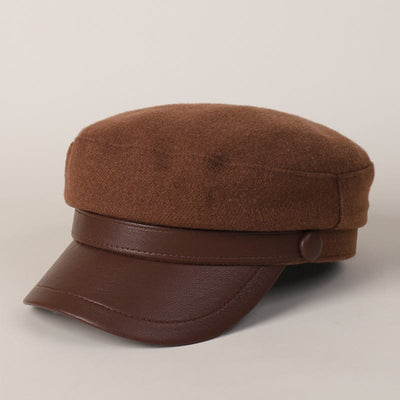 Unisex Winter Fashion PU Brim Flat Top Beret Hat - Dark Red - image 0