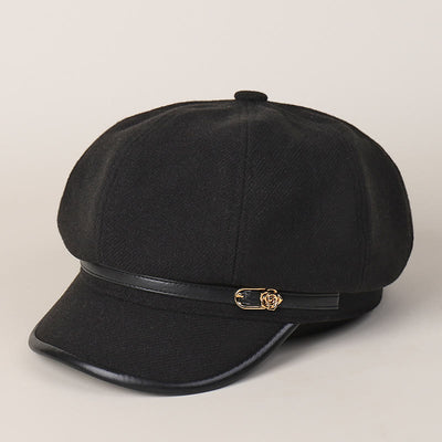 Edge Wrapped Belt Buckle Fashionable Winter Women's Beret Hat - Black - image 7