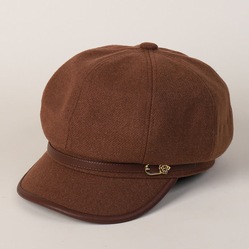 Edge Wrapped Belt Buckle Fashionable Winter Women's Beret Hat - Dark Red - image 9