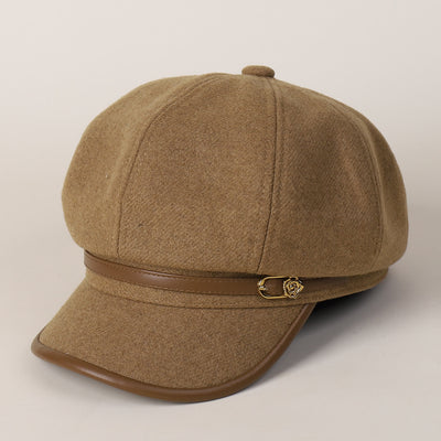 Edge Wrapped Belt Buckle Fashionable Winter Women's Beret Hat - Camel - image 0