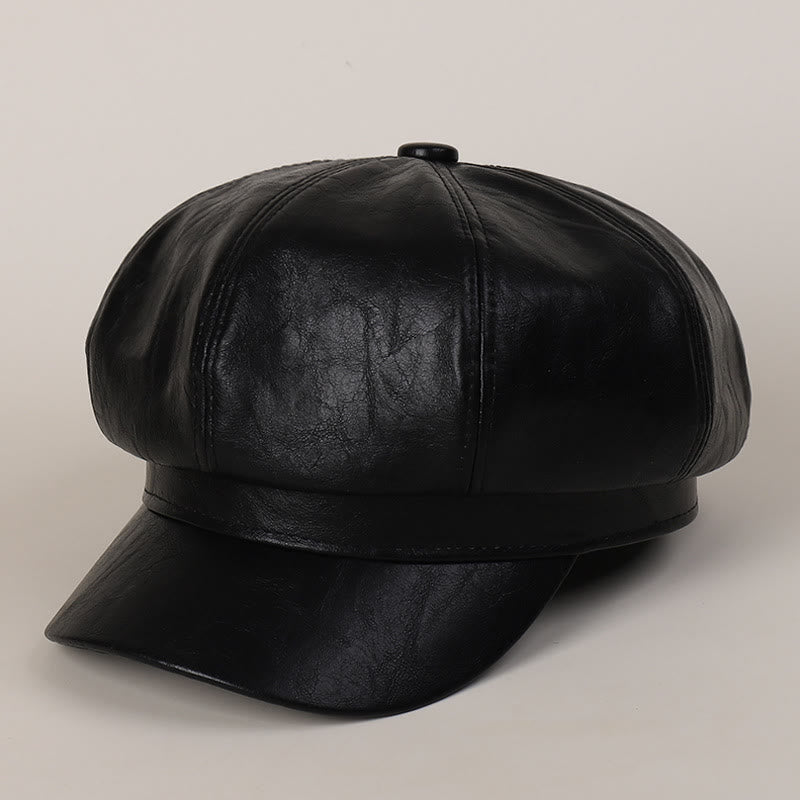Women's Winter Retro Leather Beret Hat - Black - image 4