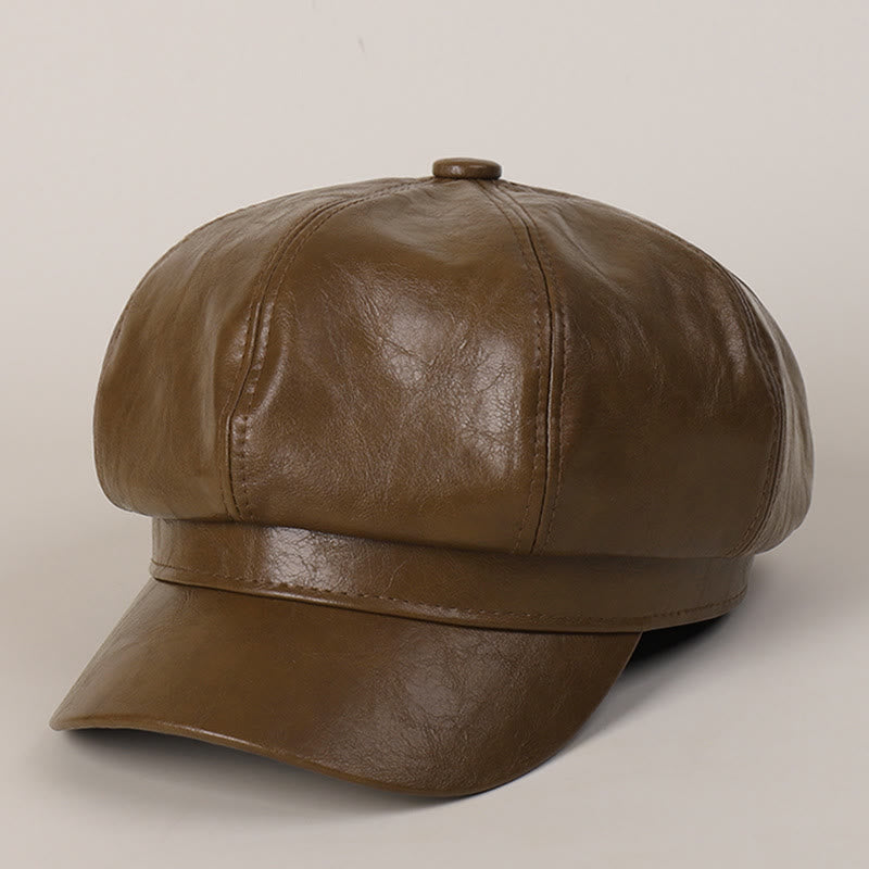 Women's Winter Retro Leather Beret Hat - Camel - image 5