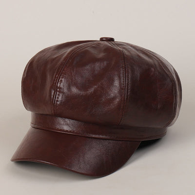 Women's Winter Retro Leather Beret Hat - Reddish Brown - image 7