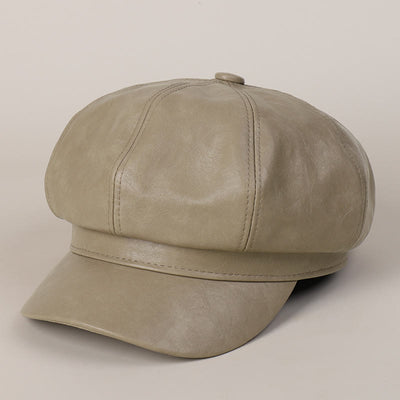 Women's Winter Retro Leather Beret Hat - Khaki - image 6