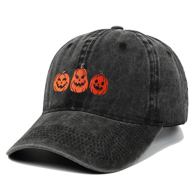 Halloween Three Pumpkins Embroidered Washed Baseball Cap Hat - image 0