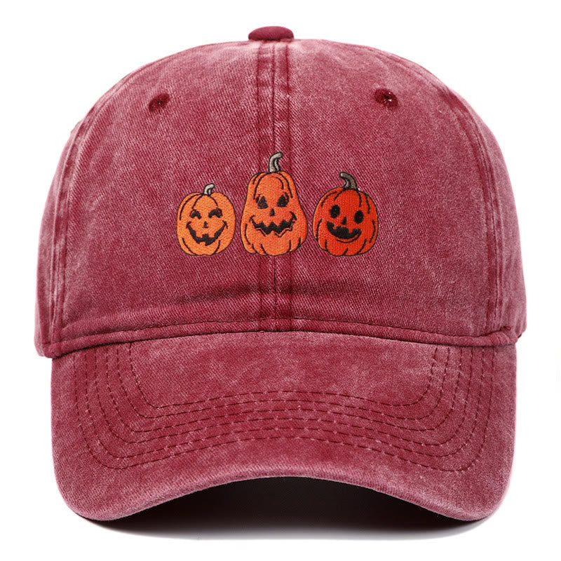 Halloween Three Pumpkins Embroidered Washed Baseball Cap Hat - Wine - Adjustable（22 7/8"-24 1/2"） - image 5