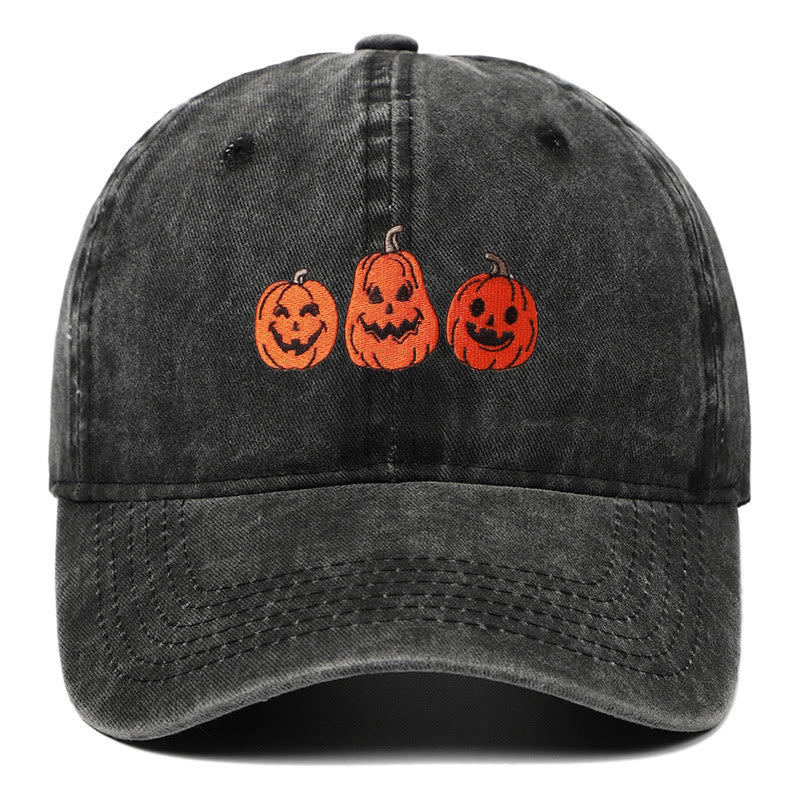 Halloween Three Pumpkins Embroidered Washed Baseball Cap Hat - Black - Adjustable（22 7/8"-24 1/2"） - image 1
