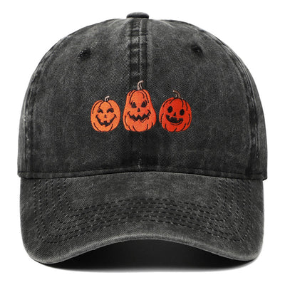 Halloween Three Pumpkins Embroidered Washed Baseball Cap Hat - Black - Adjustable（22 7/8"-24 1/2"） - image 1