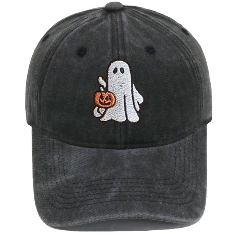 Halloween Ghost & Pumpkin Embroidered Washed Baseball Cap Hat - Ghost&Little Pumpkin - Black - M（22"-22 7/8"） - image 4