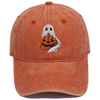 Halloween Ghost & Pumpkin Embroidered Washed Baseball Cap Hat - Ghost&Big Pumpkin - Orange - M（22"-22 7/8"） - image 0