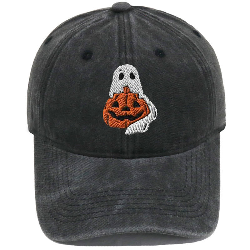 Halloween Ghost & Pumpkin Embroidered Washed Baseball Cap Hat - Ghost&Big Pumpkin - Black - M（22"-22 7/8"） - image 2