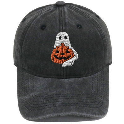 Halloween Ghost & Pumpkin Embroidered Washed Baseball Cap Hat - Ghost&Big Pumpkin - Black - M（22"-22 7/8"） - image 2