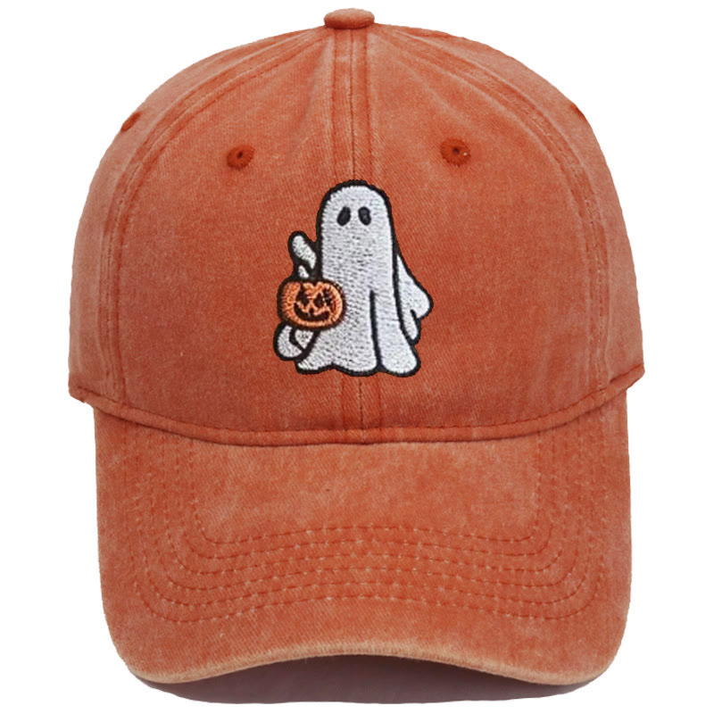 Halloween Ghost & Pumpkin Embroidered Washed Baseball Cap Hat - Ghost&Little Pumpkin - Orange - M（22"-22 7/8"） - image 3