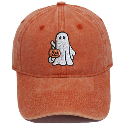 Halloween Ghost & Pumpkin Embroidered Washed Baseball Cap Hat - Ghost&Little Pumpkin - Orange - M（22"-22 7/8"） - image 3