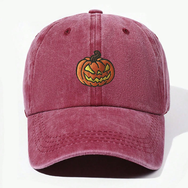 Halloween Pumpkin Head Embroidered Washed Baseball Cap Hat - Wine - Adjustable（21 5/8"-22 7/8"） - image 4