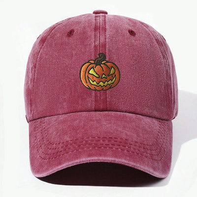 Halloween Pumpkin Head Embroidered Washed Baseball Cap Hat - Wine - Adjustable（21 5/8"-22 7/8"） - image 4