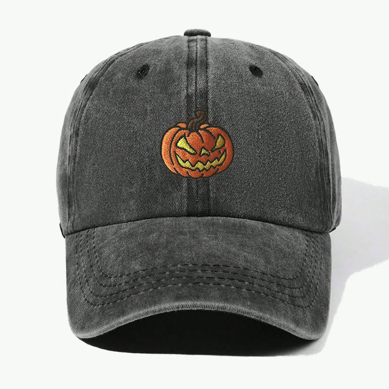 Halloween Pumpkin Head Embroidered Washed Baseball Cap Hat - Black - Adjustable（21 5/8"-22 7/8"） - image 0