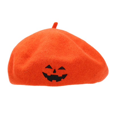 Halloween Cute Smile Embroidered Beret Pumpkin Hat - Orange - M（22"-22 7/8"） - image 2