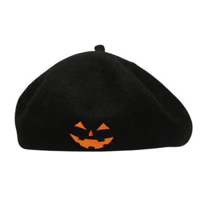 Halloween Cute Smile Embroidered Beret Pumpkin Hat - Black Orange - M（22"-22 7/8"） - image 4
