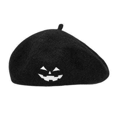 Halloween Cute Smile Embroidered Beret Pumpkin Hat - Black White - M（22"-22 7/8"） - image 5
