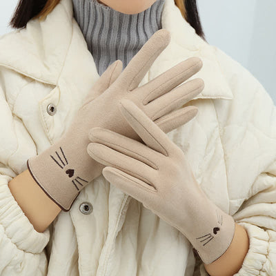Women's Cute Cat Embroidery Screen Touch Finger Tip Gloves - Ivory - image 11