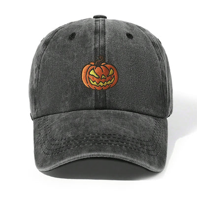 Halloween Pumpkin Head Embroidered Washed Baseball Cap Hat - Black - Adjustable（21 5/8"-22 7/8"） - image 0