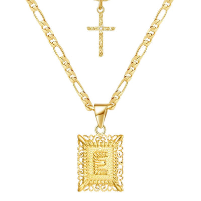 Golden Square Letter & Cross Hollow Necklace Double Chain - E - image 7