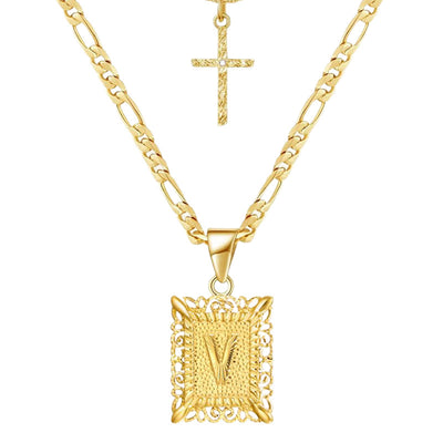 Golden Square Letter & Cross Hollow Necklace Double Chain - V - image 24