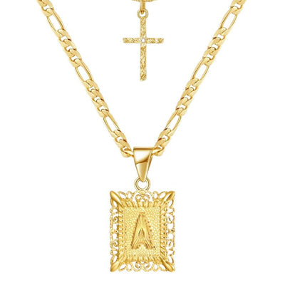 Golden Square Letter & Cross Hollow Necklace Double Chain - A - image 2