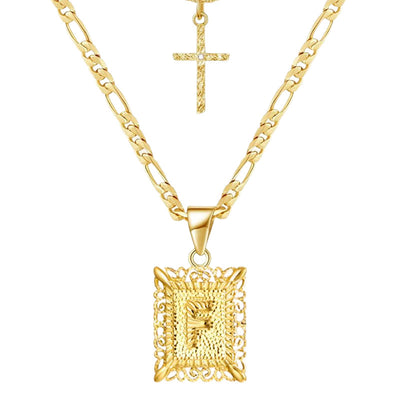 Golden Square Letter & Cross Hollow Necklace Double Chain - F - image 8