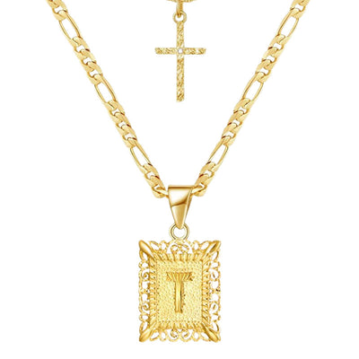 Golden Square Letter & Cross Hollow Necklace Double Chain - T - image 22
