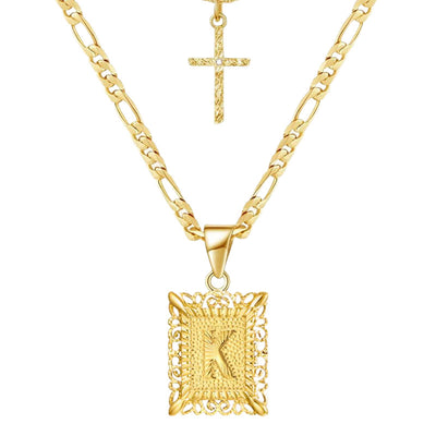 Golden Square Letter & Cross Hollow Necklace Double Chain - K - image 13