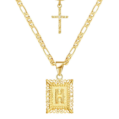 Golden Square Letter & Cross Hollow Necklace Double Chain - H - image 10