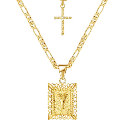 Golden Square Letter & Cross Hollow Necklace Double Chain - Y - image 27