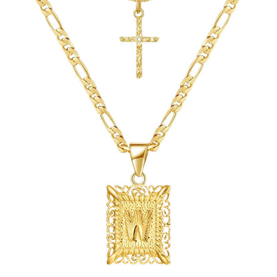 Golden Square Letter & Cross Hollow Necklace Double Chain - W - image 25