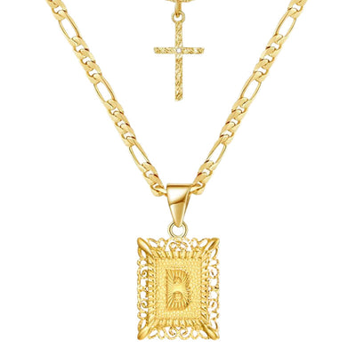 Golden Square Letter & Cross Hollow Necklace Double Chain - B - image 4