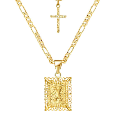 Golden Square Letter & Cross Hollow Necklace Double Chain - X - image 26