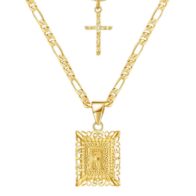 Golden Square Letter & Cross Hollow Necklace Double Chain - R - image 20
