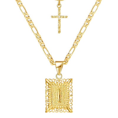 Golden Square Letter & Cross Hollow Necklace Double Chain - I - image 11