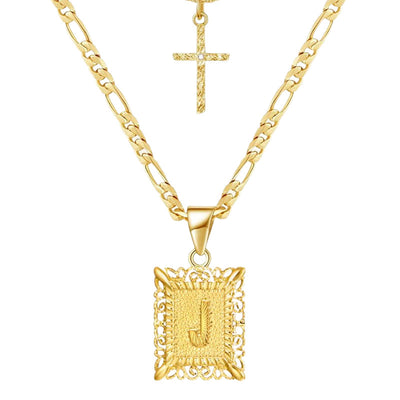 Golden Square Letter & Cross Hollow Necklace Double Chain - J - image 12