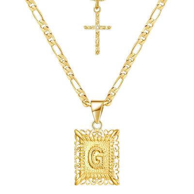 Golden Square Letter & Cross Hollow Necklace Double Chain - G - image 9