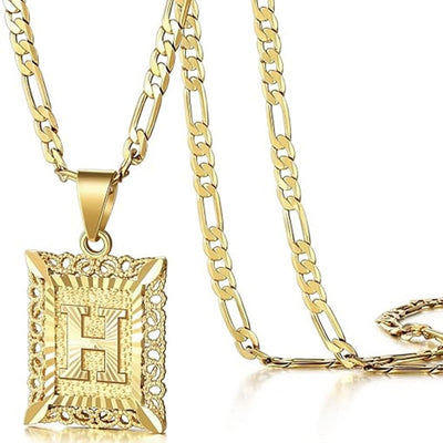 FT: Golden Exquisite Square Hollow Letter Necklace - H - image 11