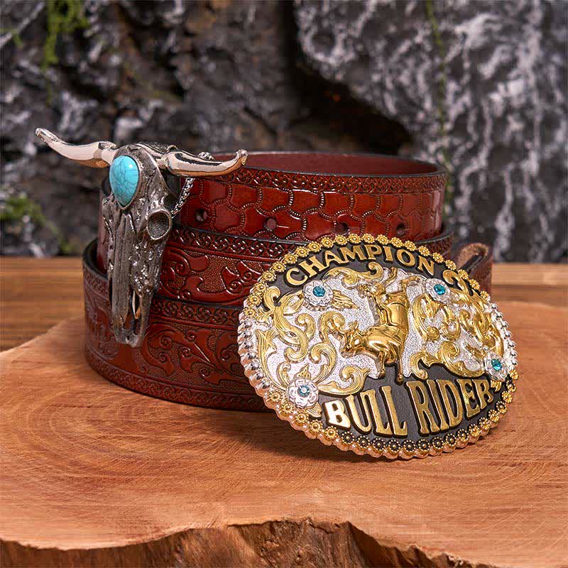 Bull Rider DIY Belt Buckle Turquoise Longhorn Bull Pendant Bundle Set - Bull Rider - Brown Carved Belt - 42 - image 6