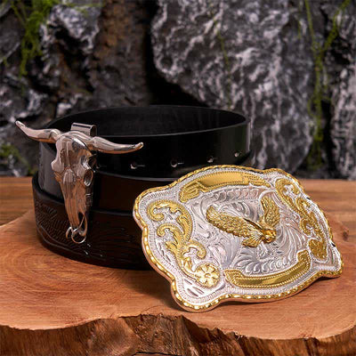 Gold Flying Eagle DIY Belt Buckle Longhorn Bull Pendant Bundle Set - Flying Eagle - Black Embossed Eagle Belt - 42 - image 0