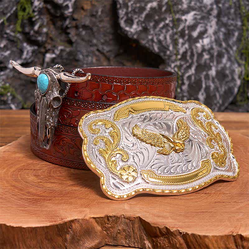 Gold Eagle Diy Belt Buckle Turquoise Longhorn Bull Pendant Bundle Set - Flying Eagle - Brown Carved Belt - 42 - image 6